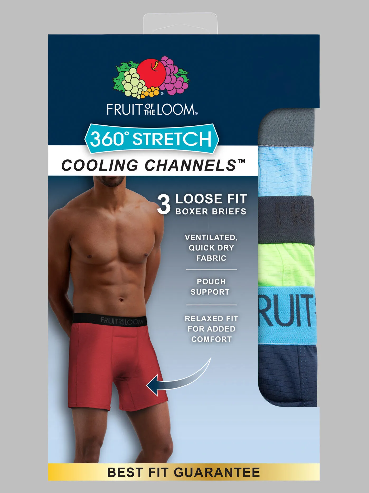 360 Stretch Cooling Channels Loose Fit Boxer Brief, Assorted 3 Pack