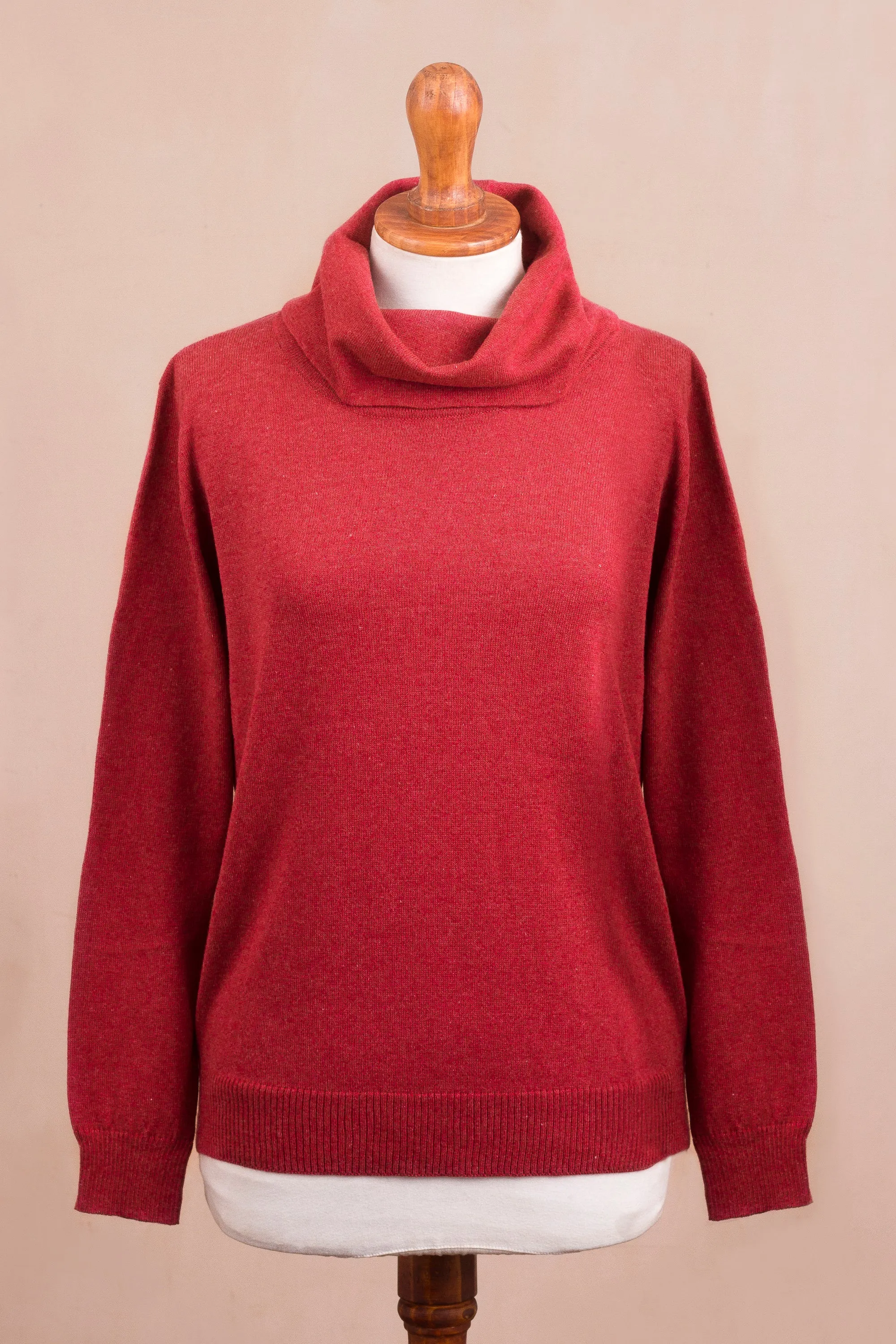 Cerise Versatility Knit Cotton Blend Pullover in Solid Cerise Red from Peru