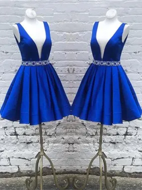 Deep V Neck Royal Blue Short Satin Prom Dresses, Royal Blue V Neck Short Formal Homecoming Dresses