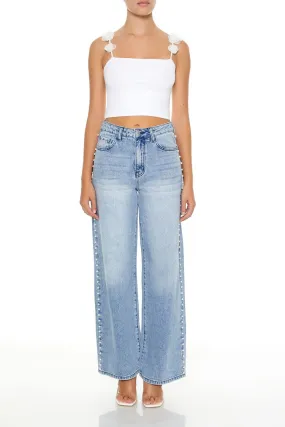 Faux Pearl Wide-Leg Jeans