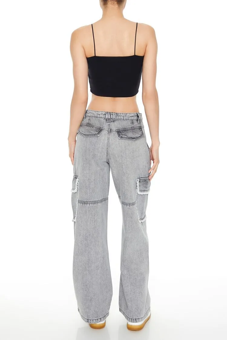 Frayed Wide-Leg Cargo Jeans