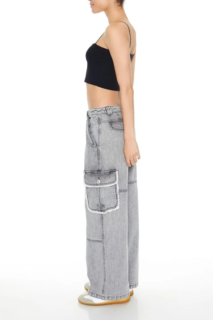 Frayed Wide-Leg Cargo Jeans