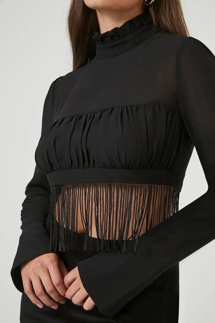 Fringe Mock Neck Crop Top