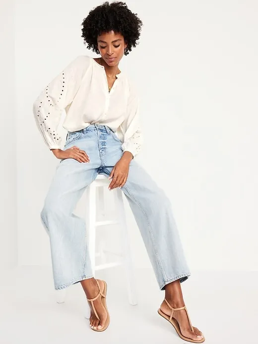 Loose Split-Neck Button-Down Top