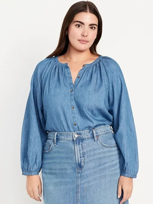 Loose Split-Neck Button-Down Top