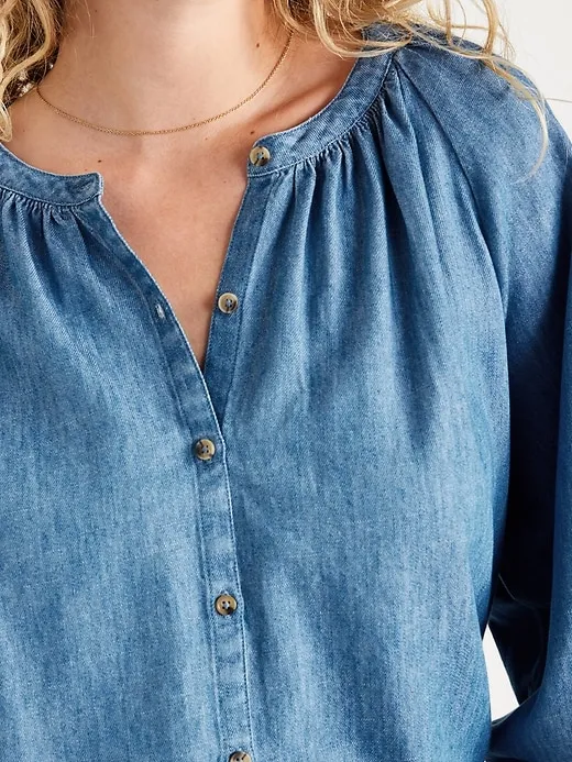 Loose Split-Neck Button-Down Top