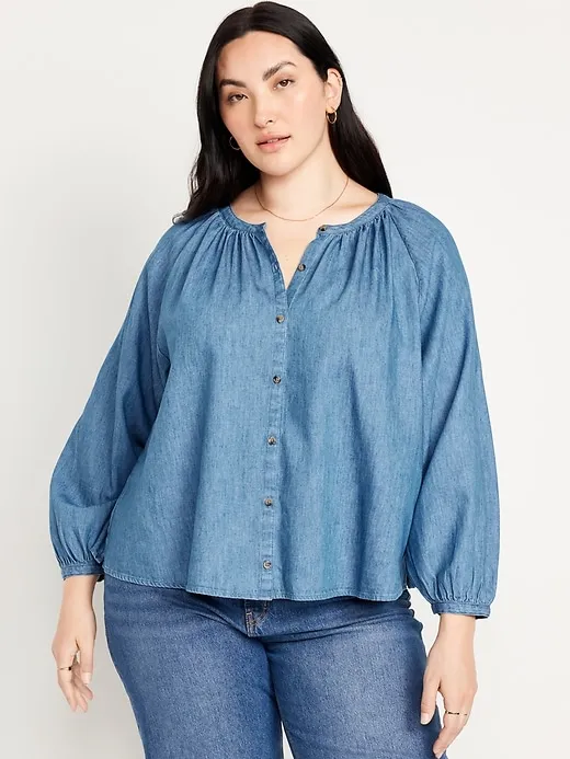 Loose Split-Neck Button-Down Top