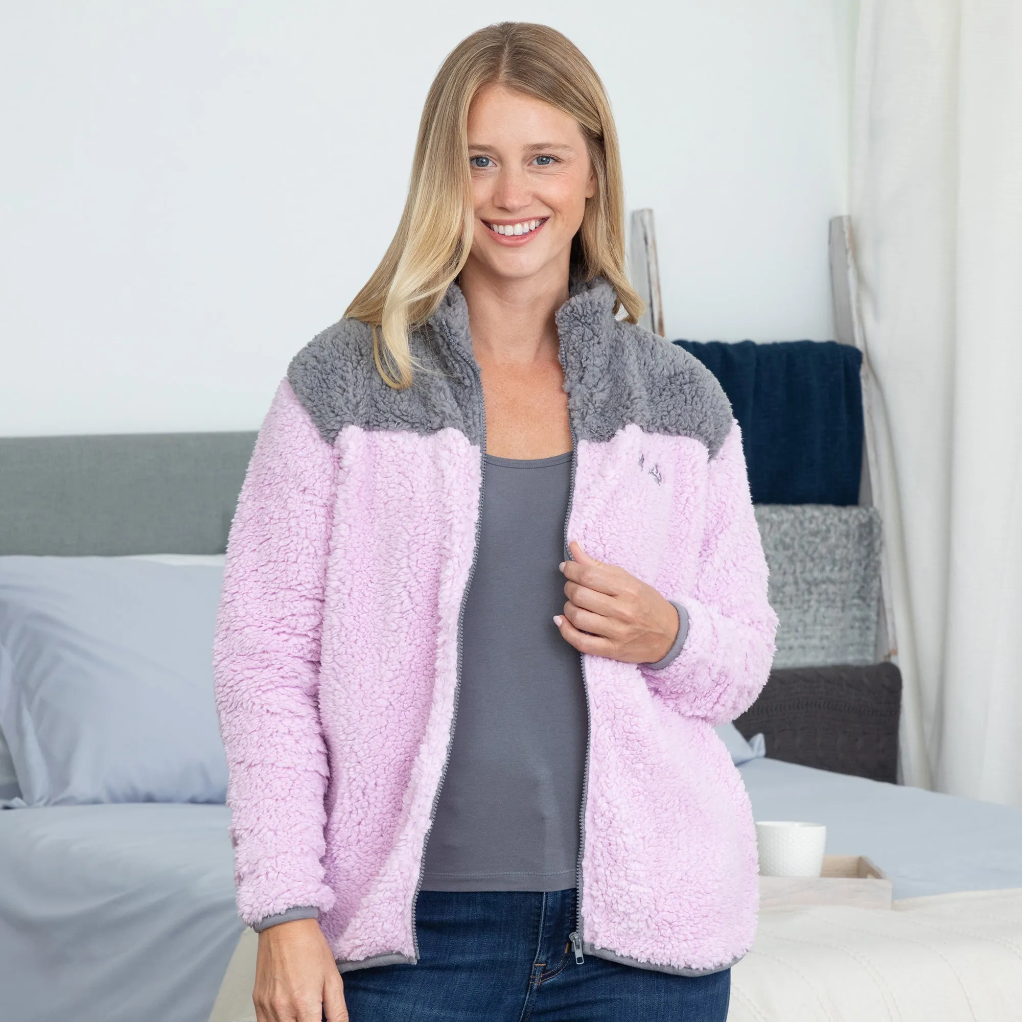 Paw Print Two-Toned Sherpa Fleece Zip Up Jacket