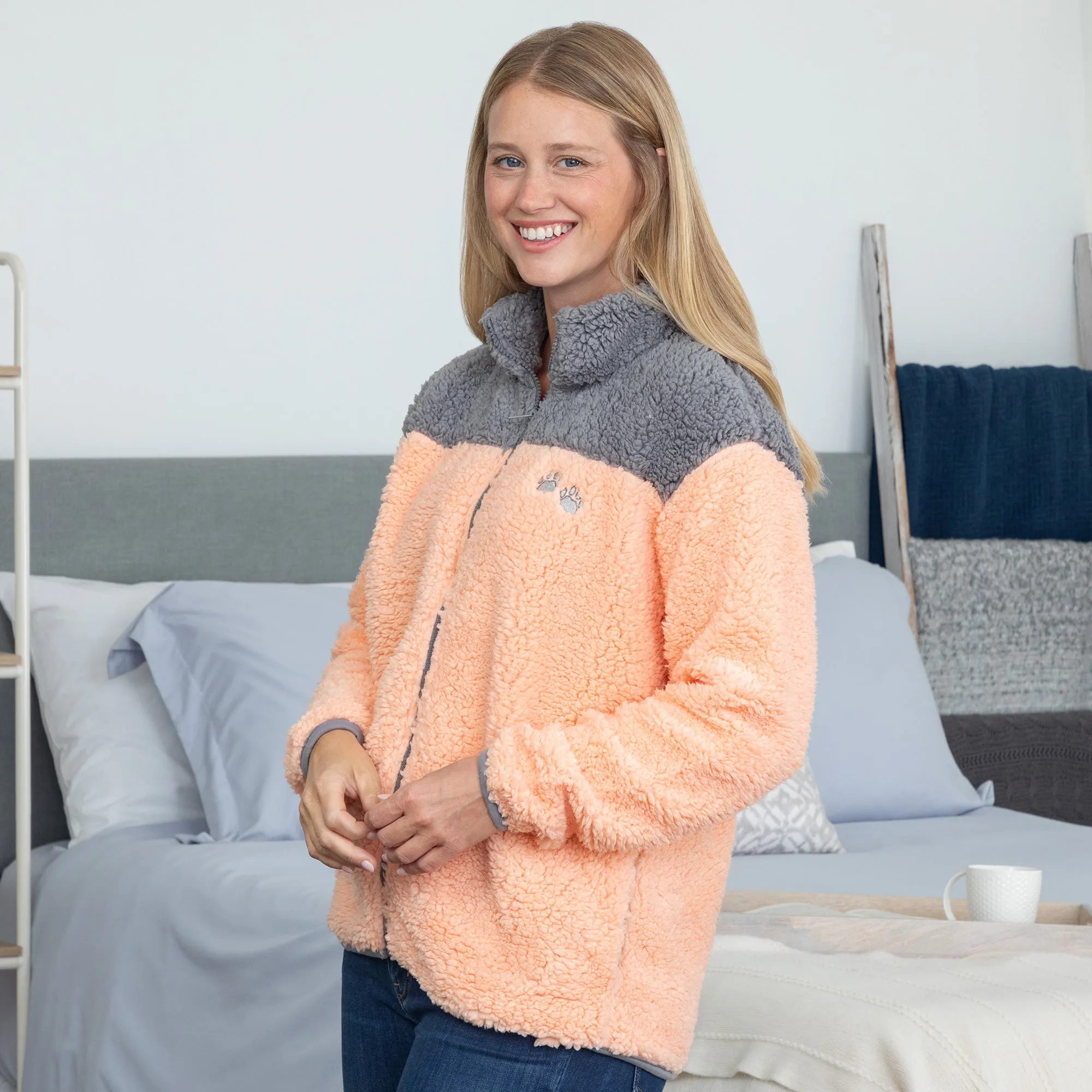 Paw Print Two-Toned Sherpa Fleece Zip Up Jacket