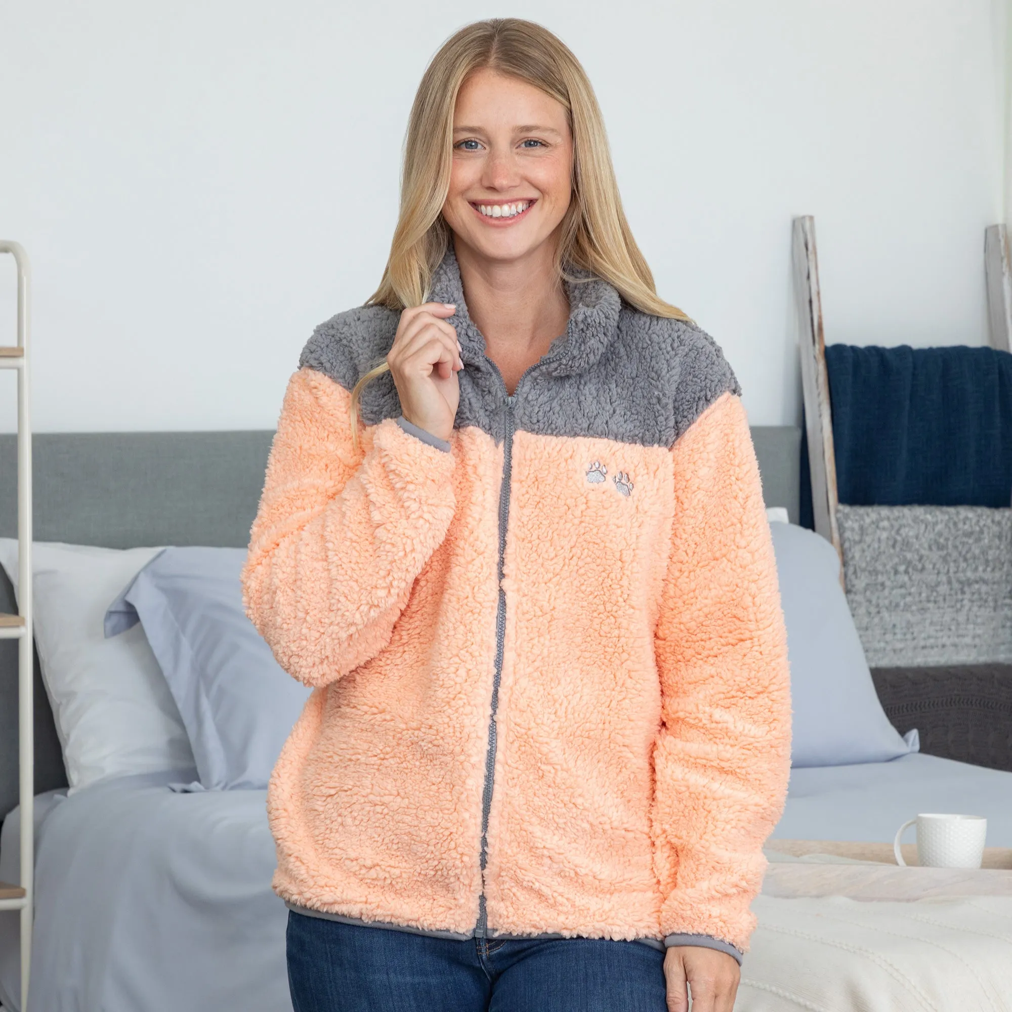 Paw Print Two-Toned Sherpa Fleece Zip Up Jacket