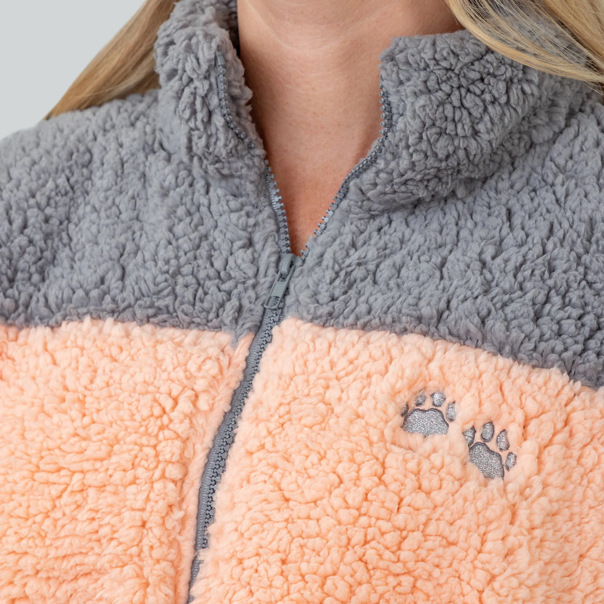 Paw Print Two-Toned Sherpa Fleece Zip Up Jacket