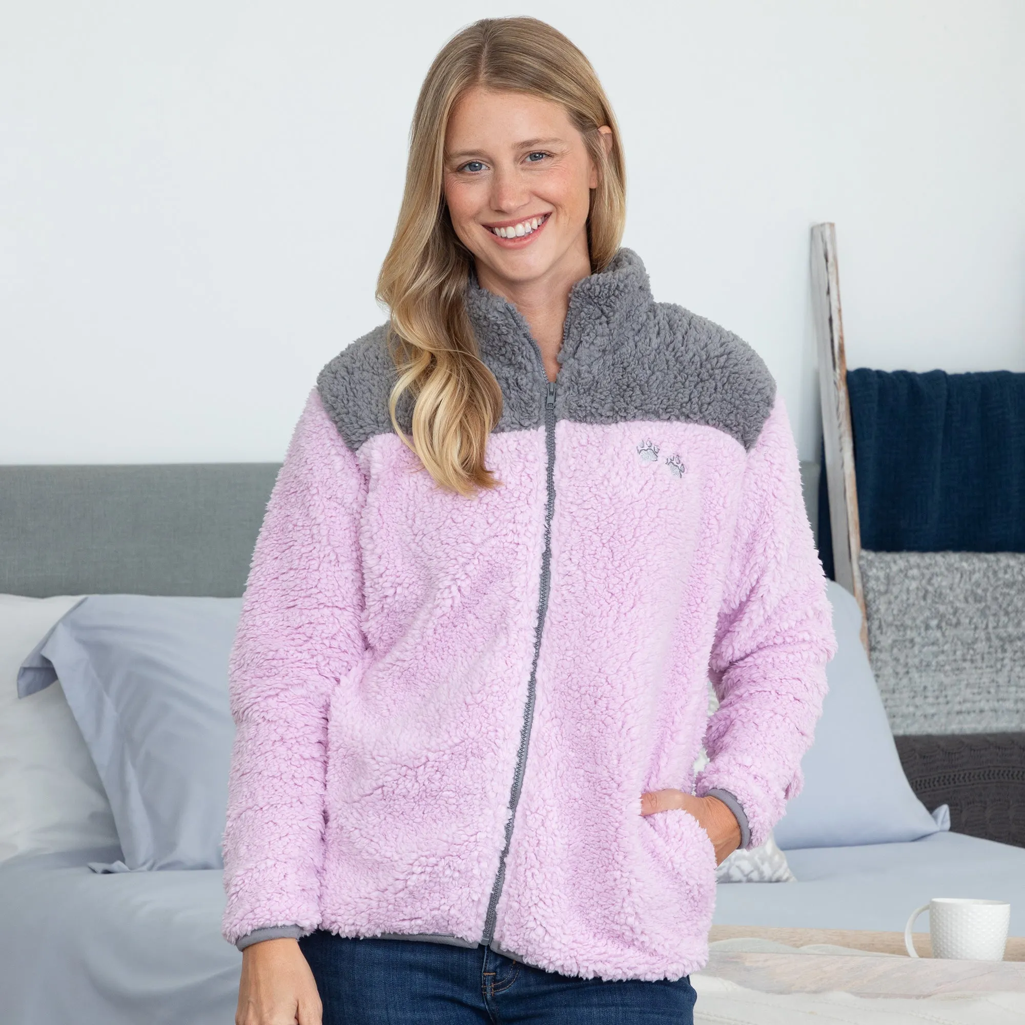 Paw Print Two-Toned Sherpa Fleece Zip Up Jacket