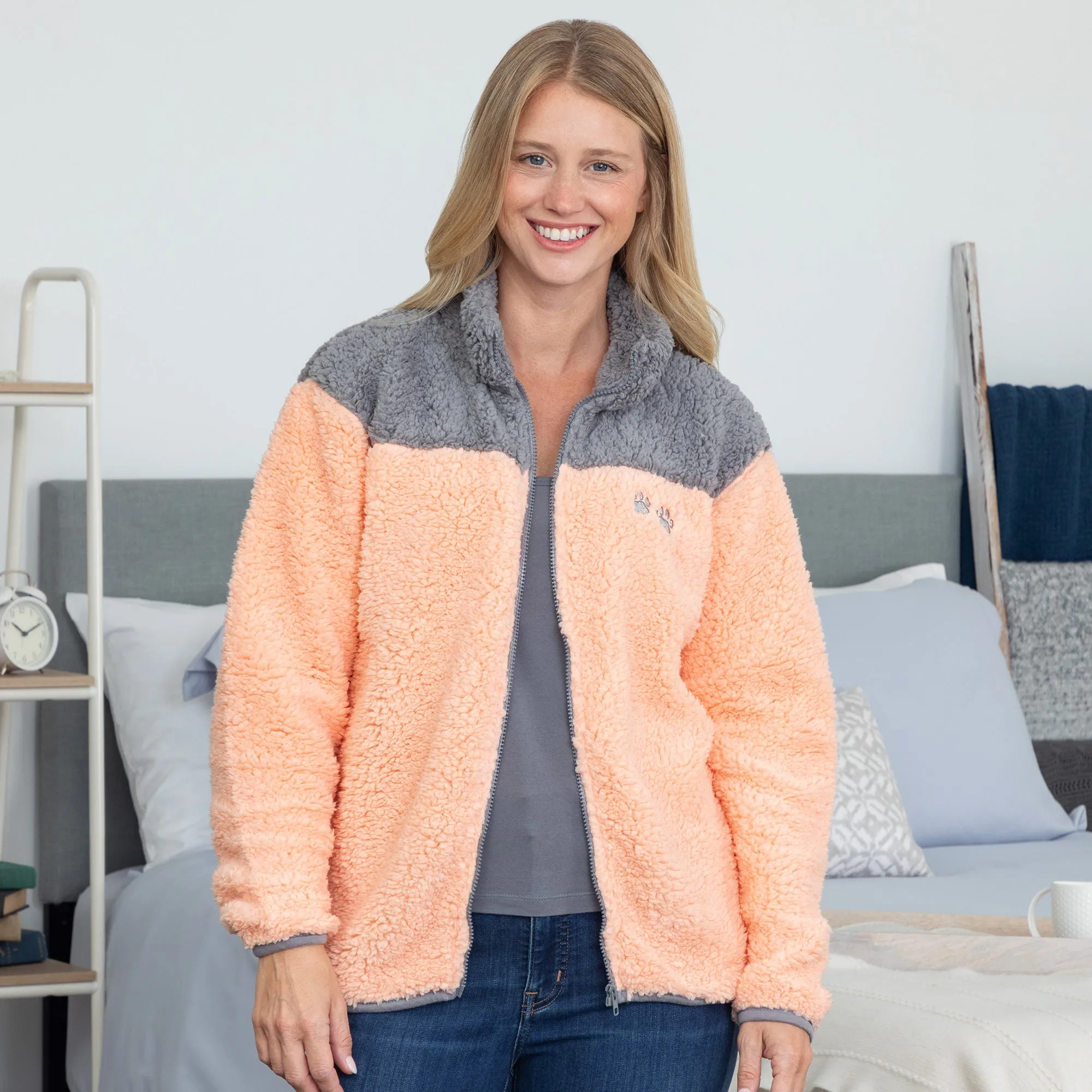 Paw Print Two-Toned Sherpa Fleece Zip Up Jacket