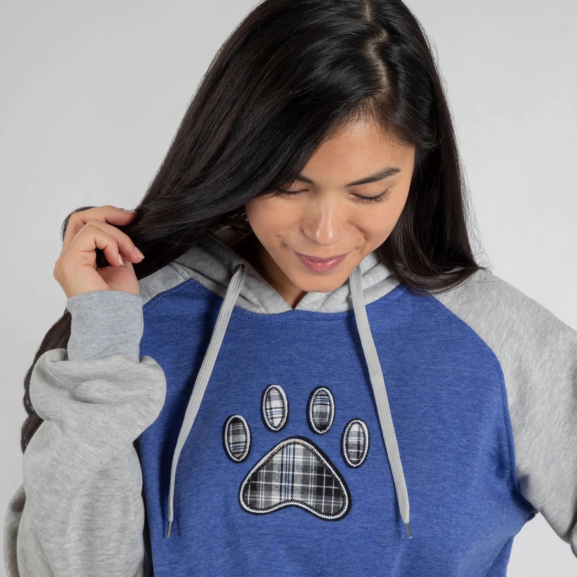 Plaid Paw Raglan Pullover Hooded Sweatshirt