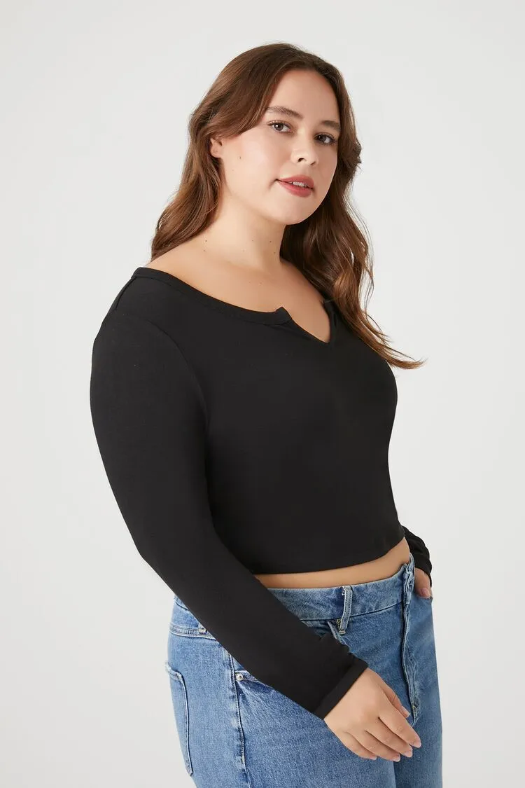 Plus Size Split-Neck Crop Top