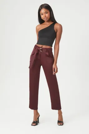 Satin Belted Straight-Leg Pants